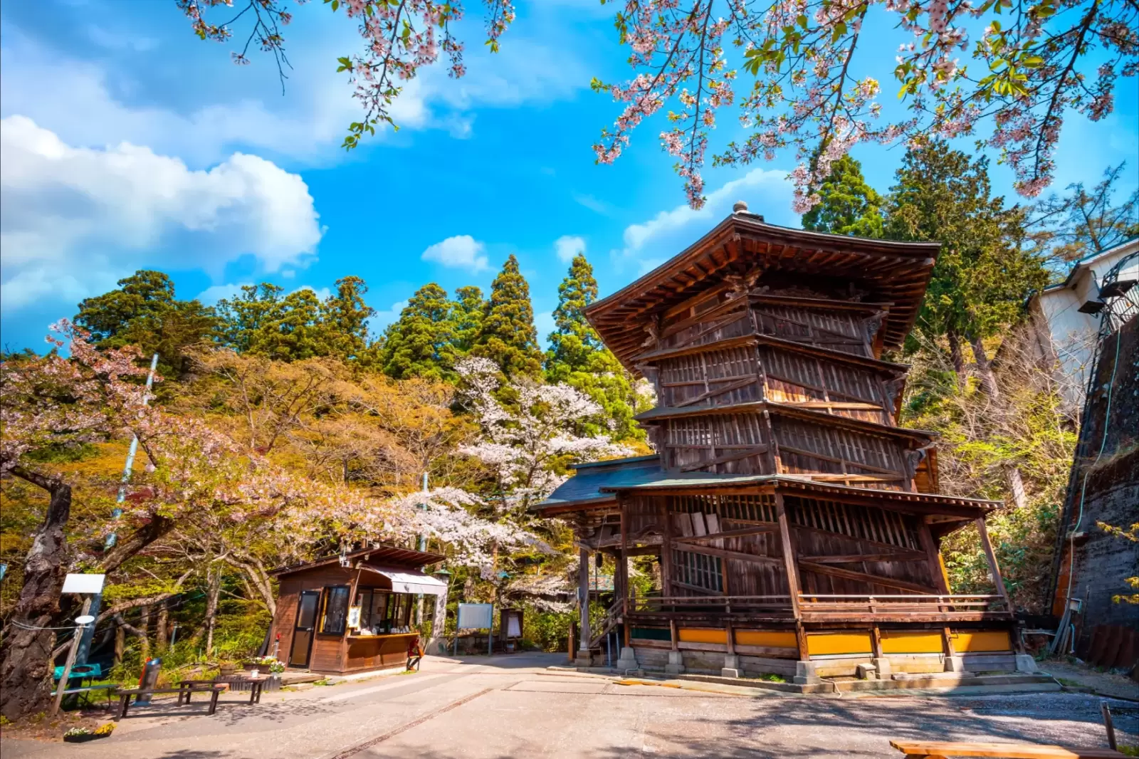 aizu sazaedo temple with cherry blossom in fukushima japan aizu sazaedo temple with cherry blossom in fukushima japan