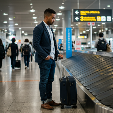 A person waiting at the airport's conveyor belt area
