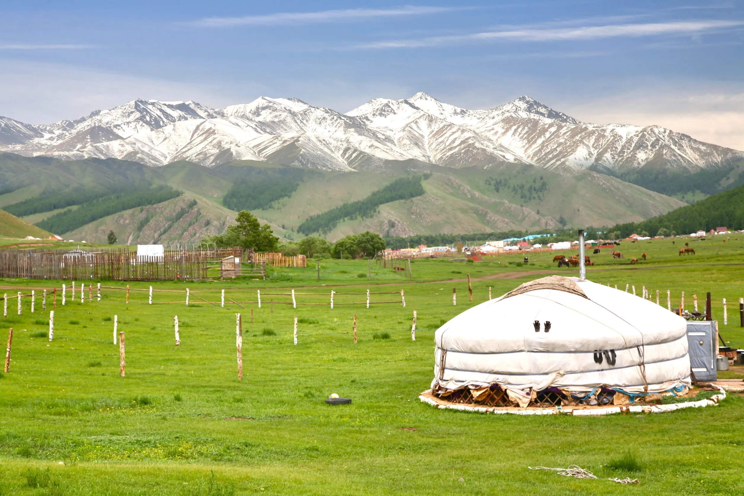 ger camp in a large meadow at naryn of kyrgyzstan ger camp in a large meadow at naryn of kyrgyzstan