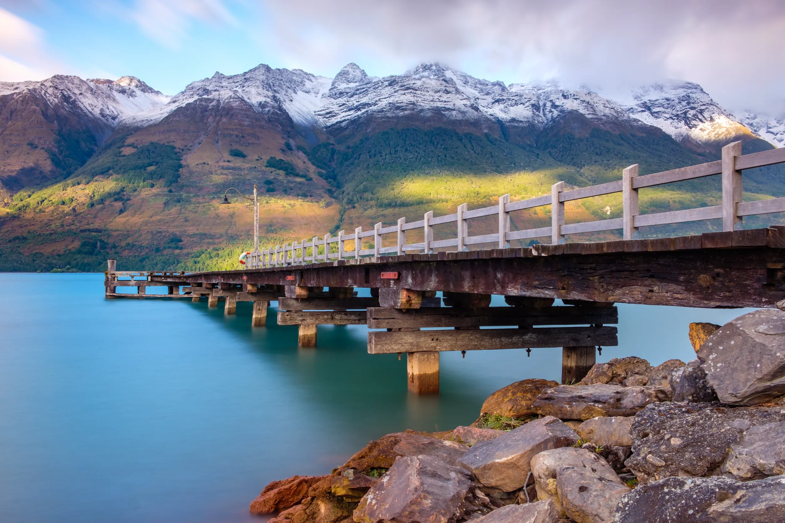 glenorchy wharf pier long exposure at sunrise new zealand