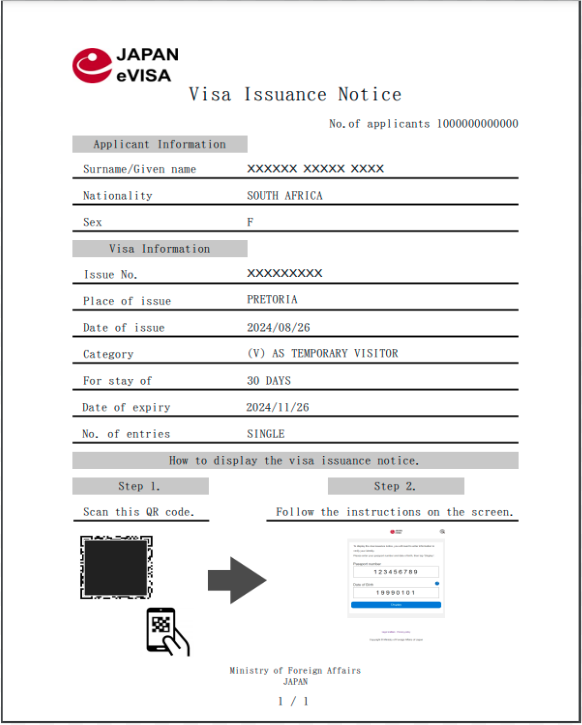 Example of a Japan eVisa application document