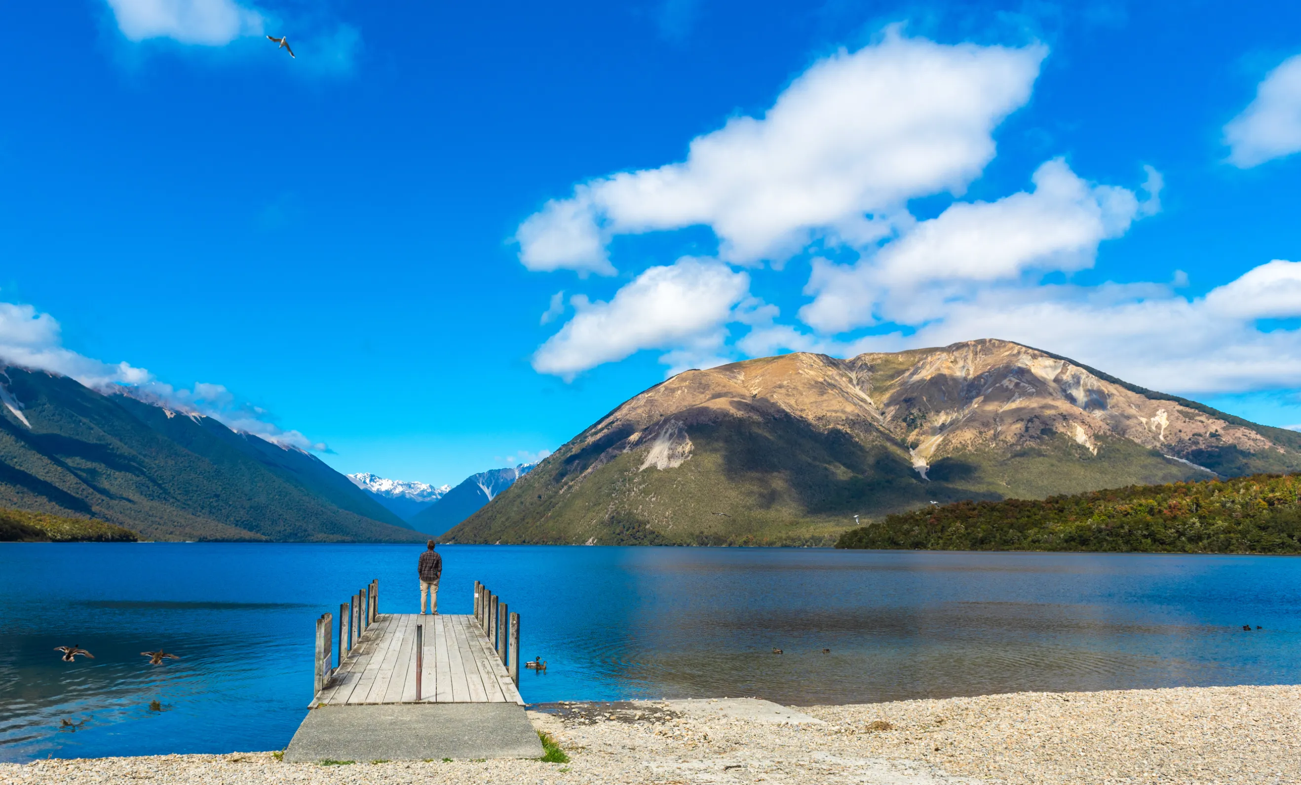 man on the pier rotoiti river nelson lakes national park new zealand