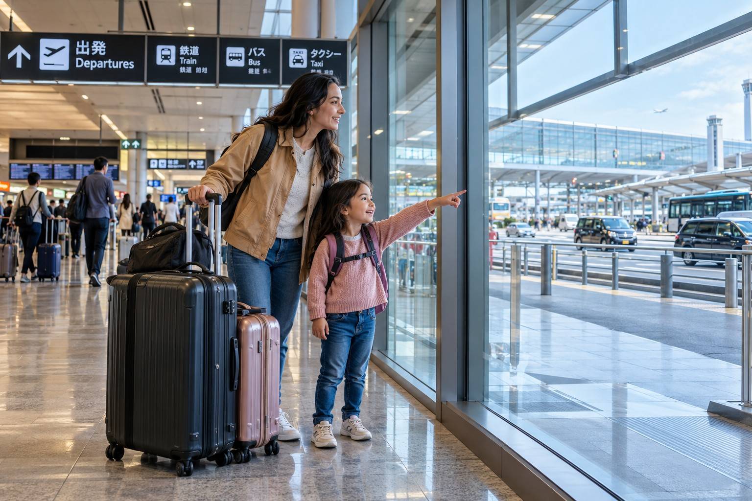 Mother And Daughter In A Japanese Airport