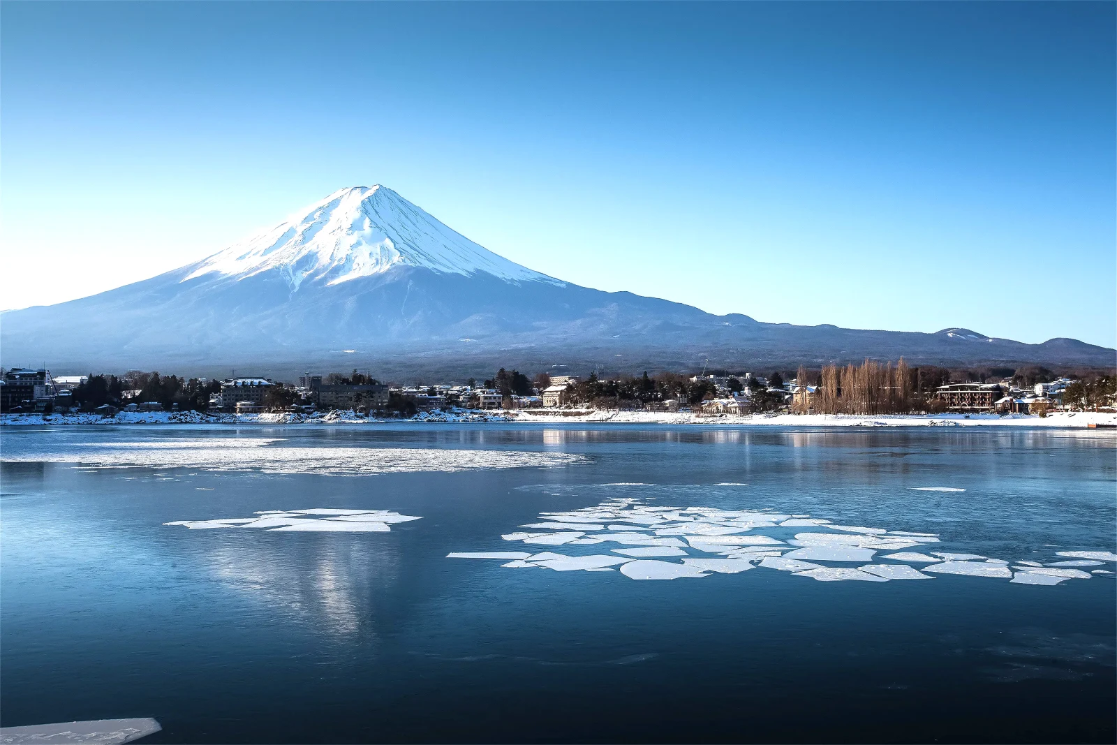 mountain fuji and lake kawagushiko with ice and snow in winter season lake kawaguchi mountain fuji and lake kawagushiko with ice and snow in winter season lake kawaguchi