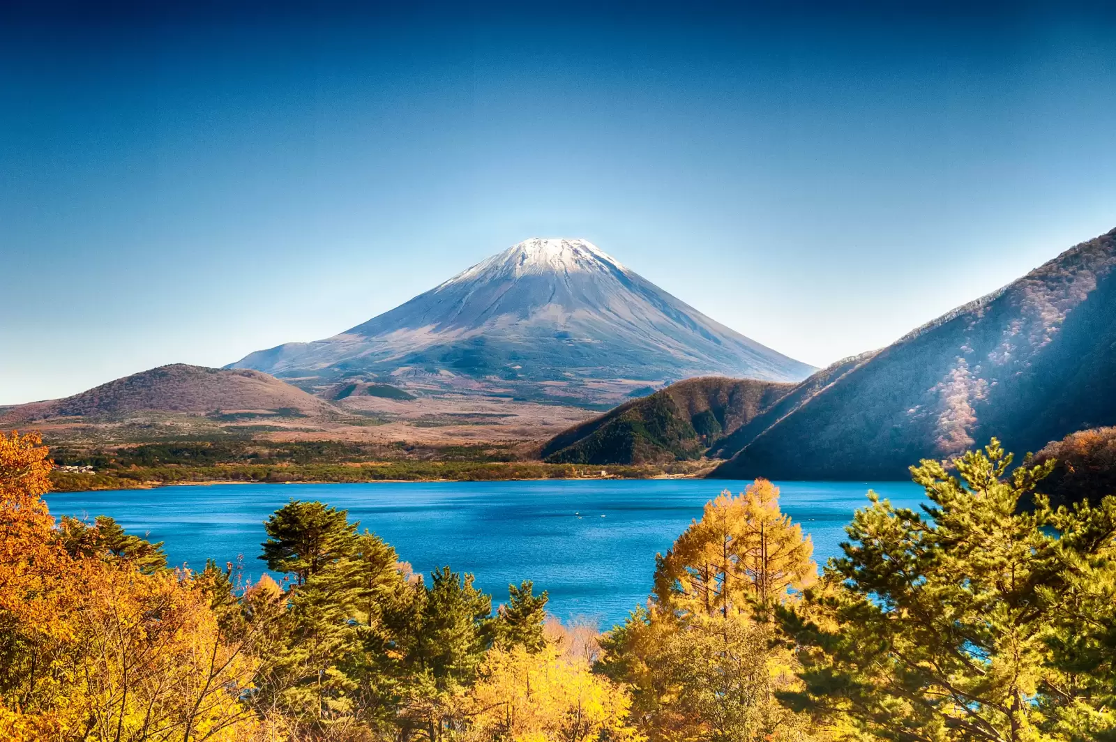 mountain fuji in winter season from motosu lake mountain fuji in winter season from motosu lake