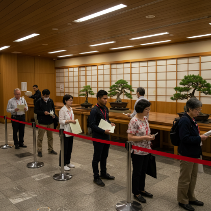 People Standing In Queue Holding Documents
