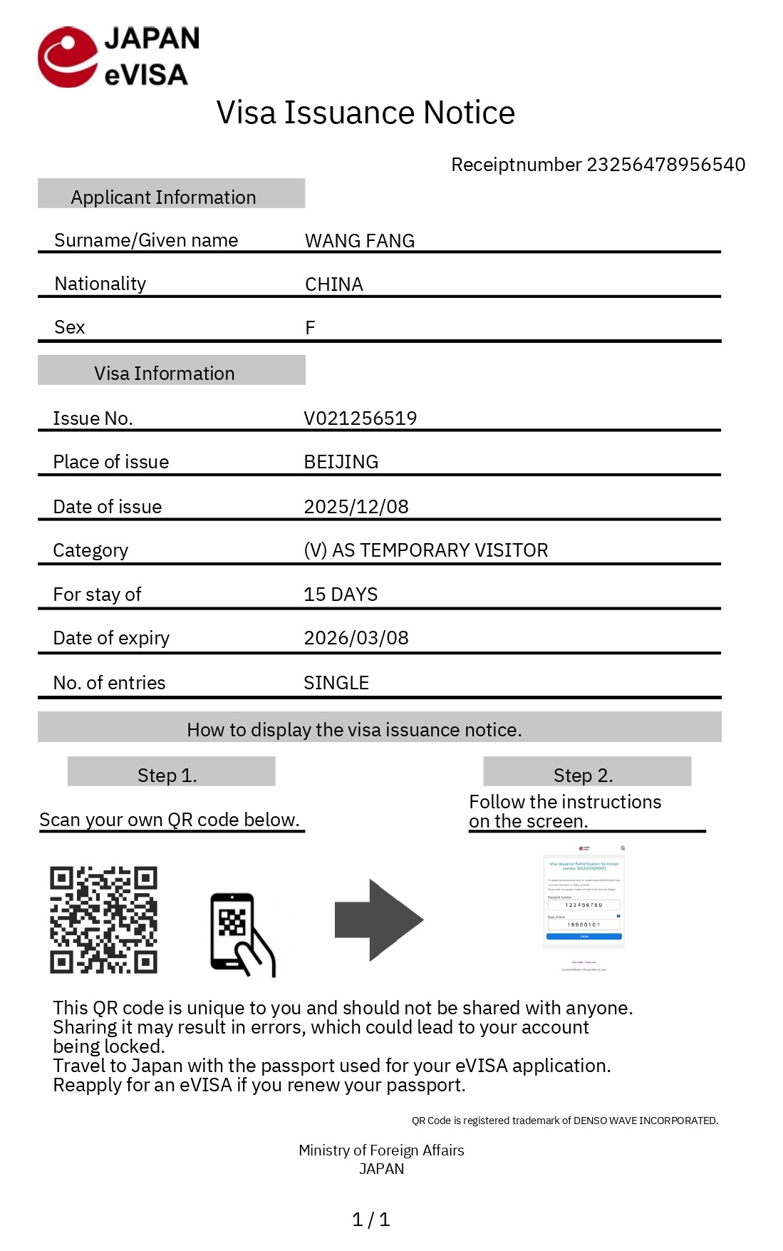 Sample of Japan eVisa Approval