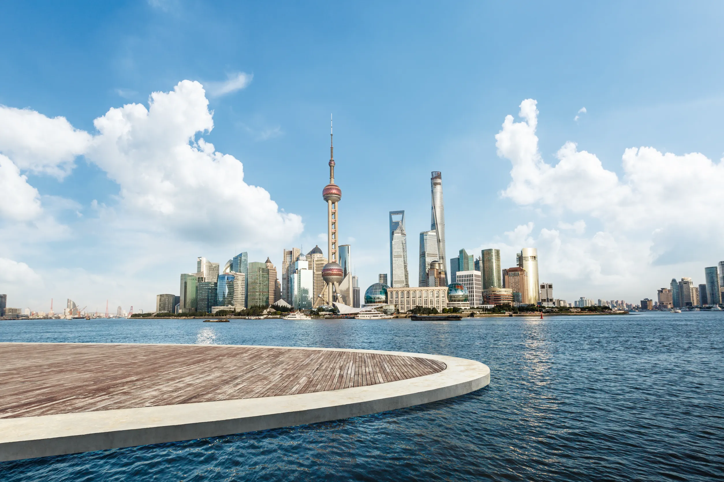 shanghai city square wooden platform and modern commercial building scenery china shanghai city square wooden platform and modern commercial building scenery china