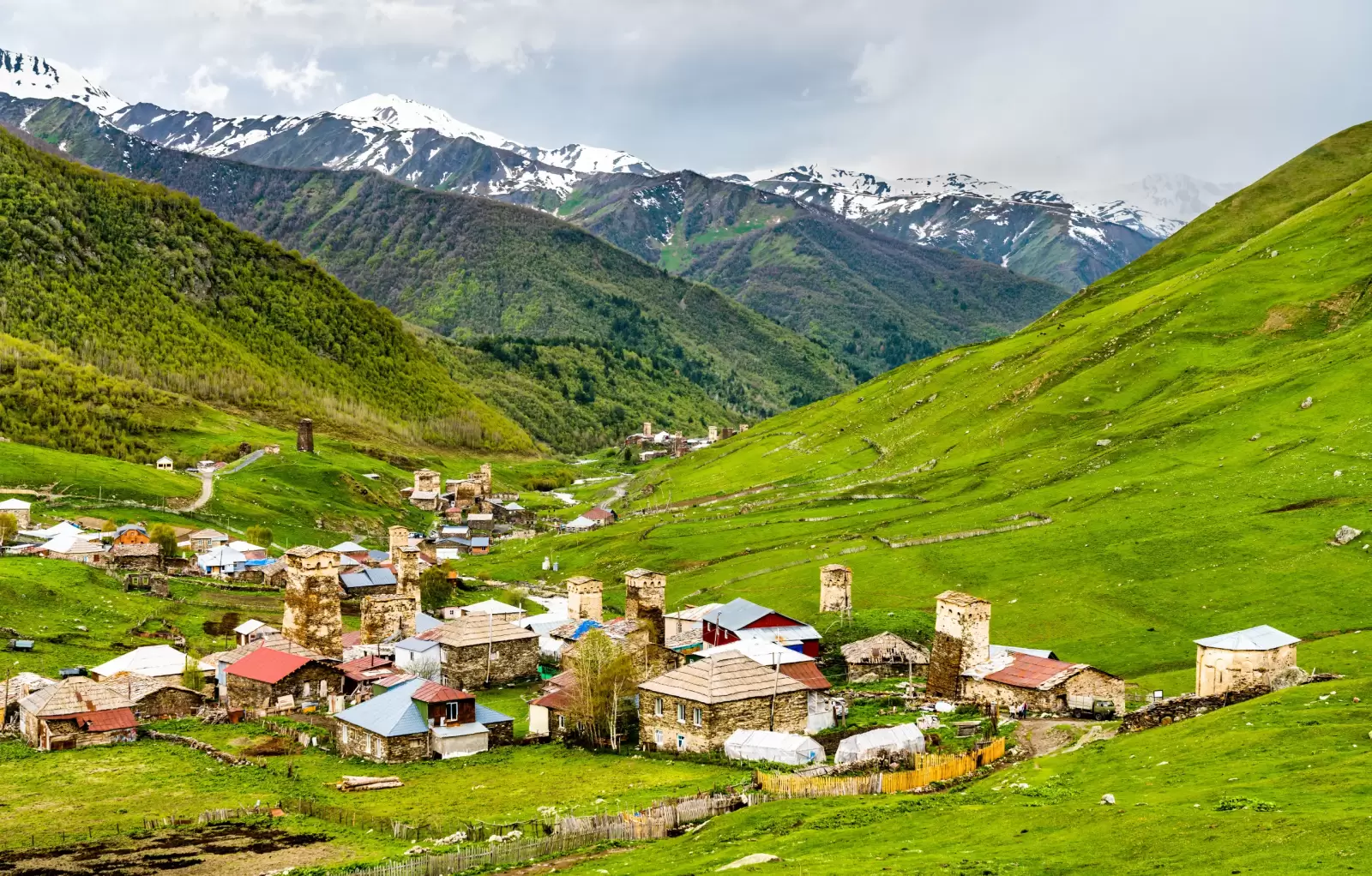 ushguli village with svan towers upper svaneti georgia