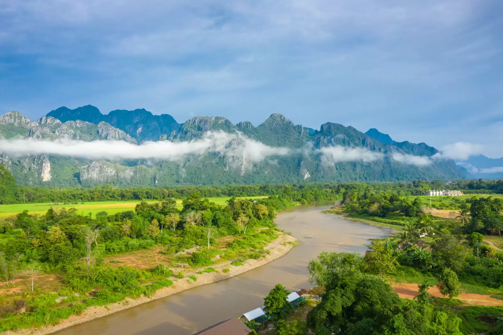 vang vieng laos southeast asia photo made by drone from above vang vieng laos southeast asia photo made by drone from above